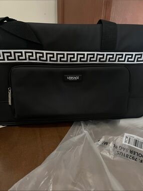 Versace Black Nylon Duffel with Greek Key Trim